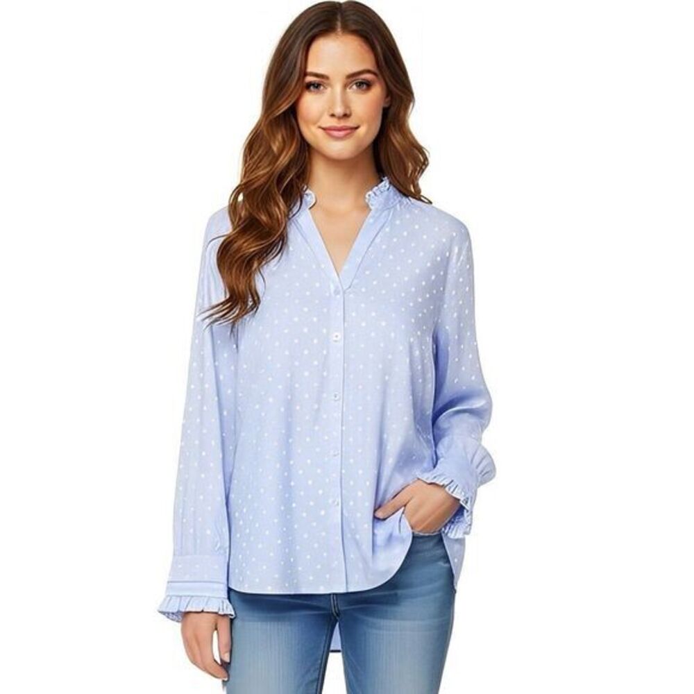 Chico's Womens Blouse Sz 1 Sz 8 Long Sleeve Polka Dots Parisian Cottagecore